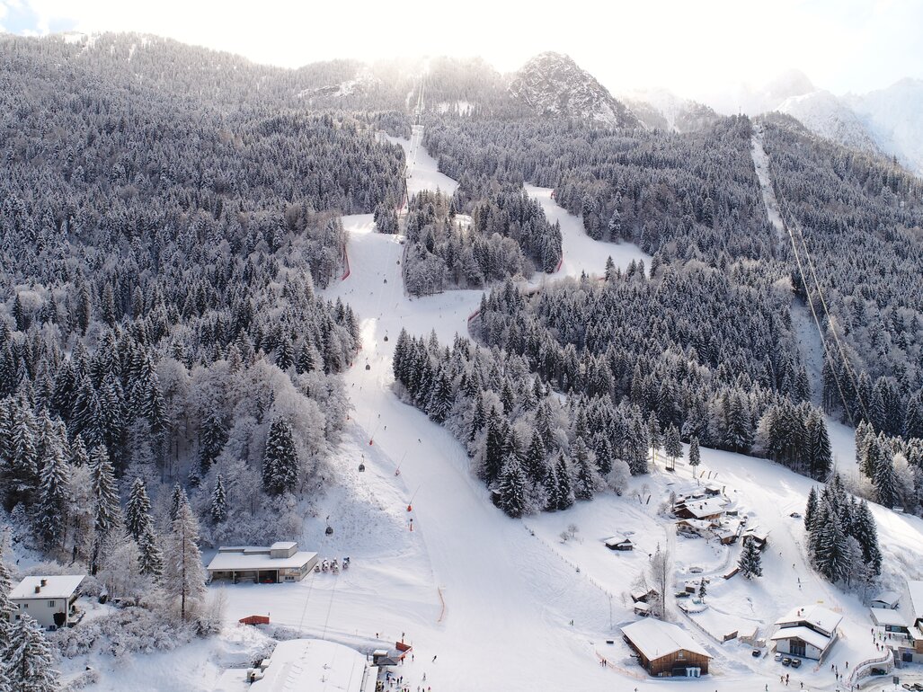 Garmisch Classic in Germany: an aerial view of a ski resort in the austrian alps.