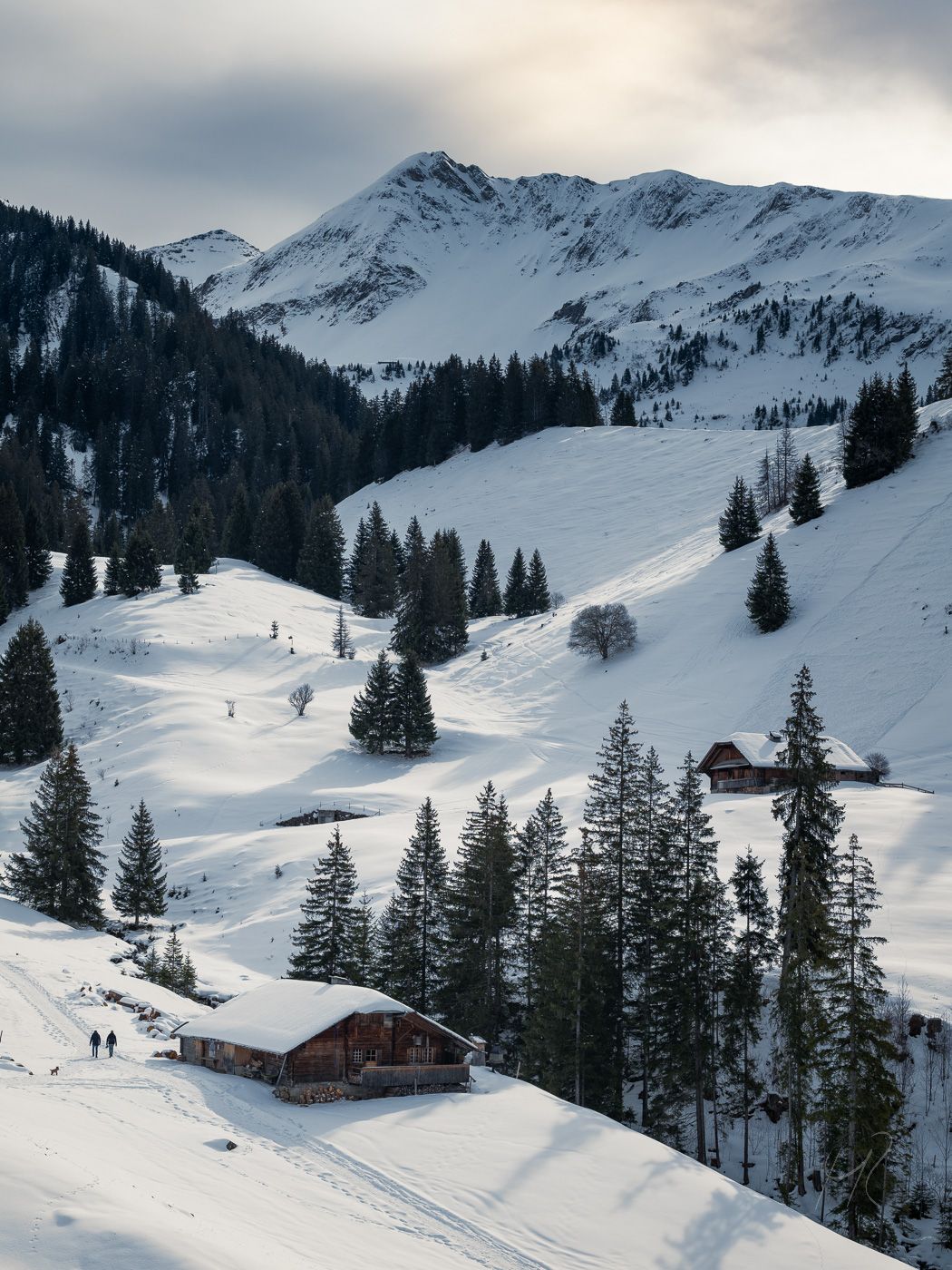 Springenboden in Switzerland - a snow covered mountain with a house in the middle.
