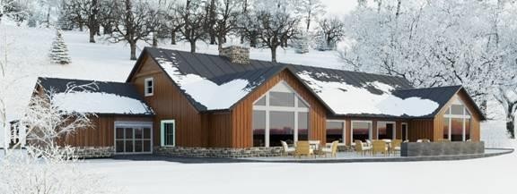 View of Bottineau Winter Park in North Dakota, featuring a bustling winter sports center with a cozy lodge, set amidst a stunning winter scene with snow-covered chalet in the background.