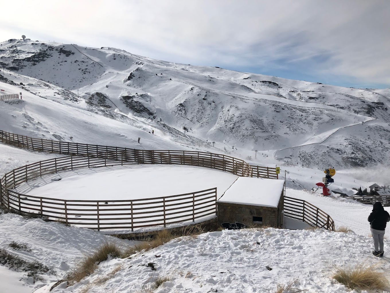 Winter sports enthusiasts enjoying the day at Sierra Nevada – Pradollano, a scenic ski resort in Granada, Spain, showcasing beautiful winter scenery.