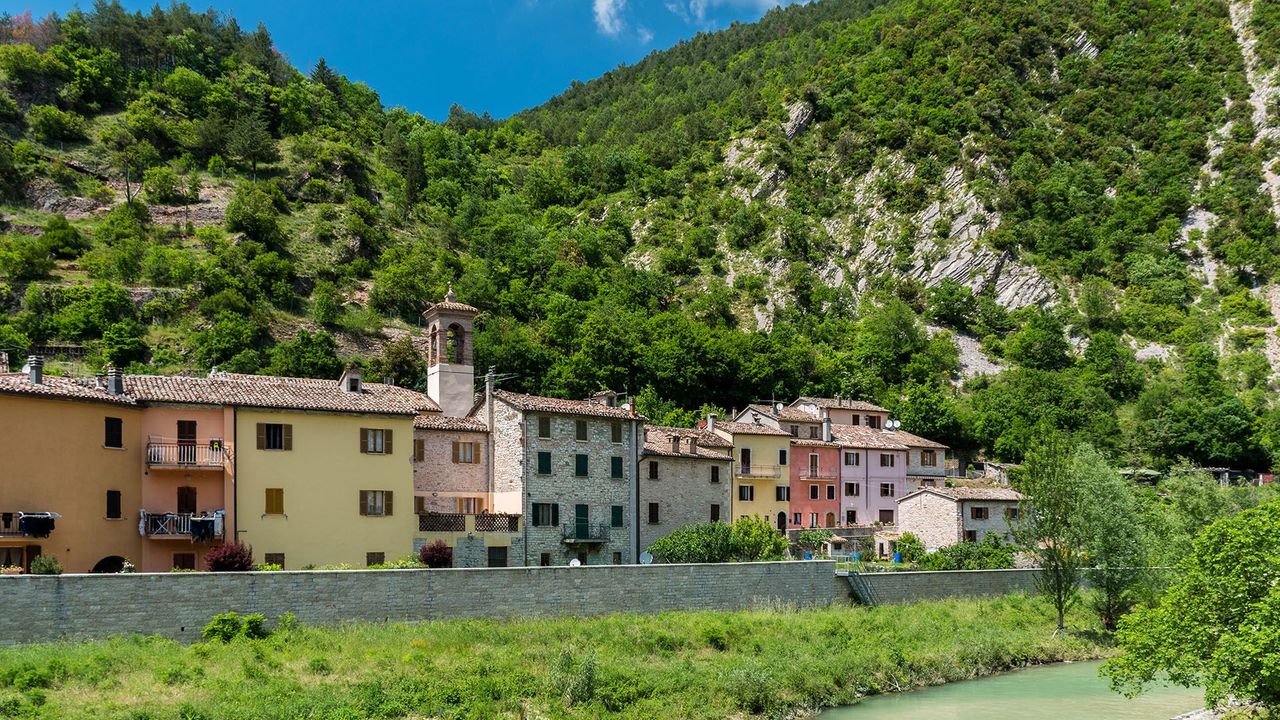 Piobbico in Italy - a small village on the banks of the river.