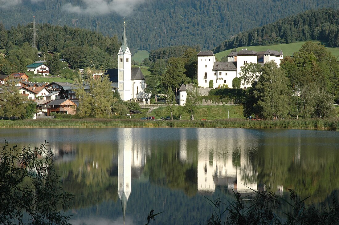 Buchberg – Goldegg in Austria - a small town sits on the edge of a lake.