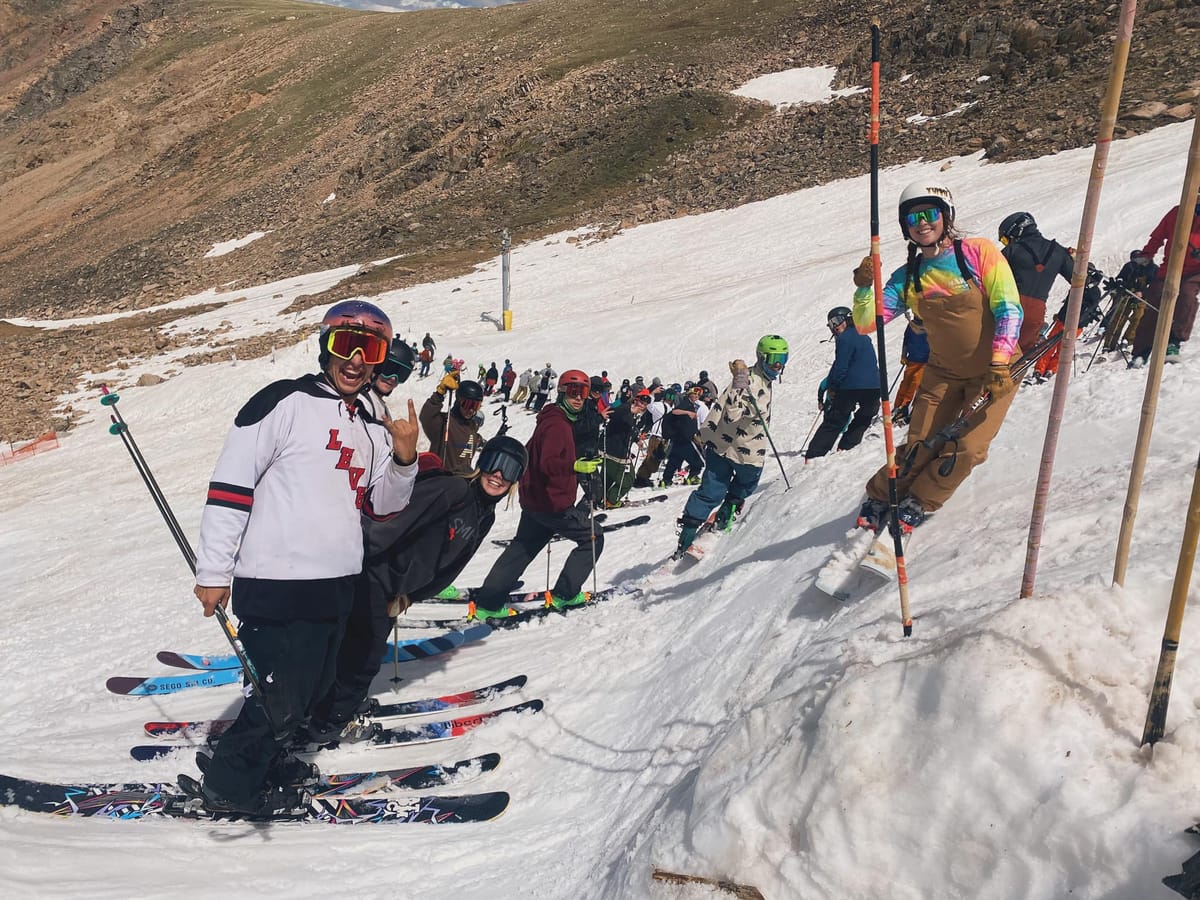 Beartooth Basin in USA - a group of people skiing down a snowy slope.