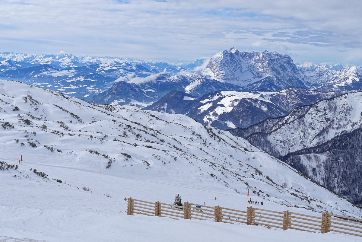 Winklmoos-Steinplatte in Austria - a view from the top of a snowy mountain.