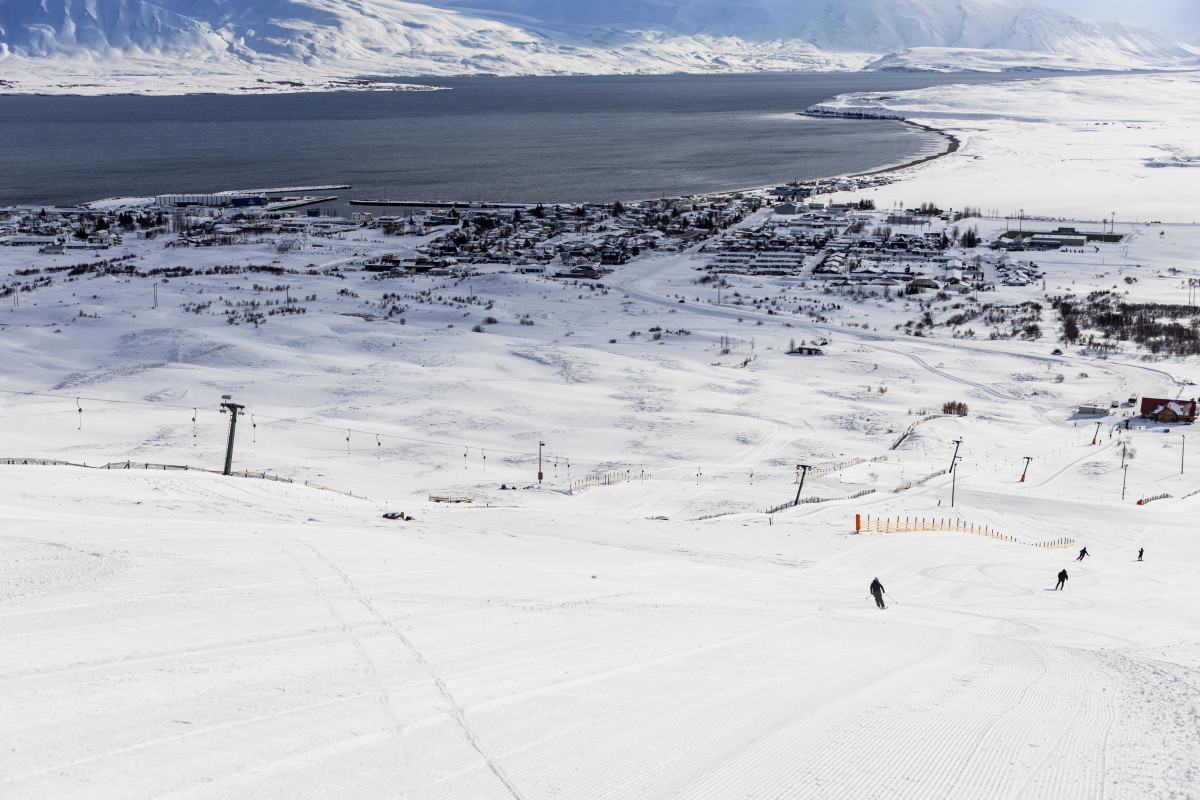 Dalvík in Iceland - a group of people skiing down a snowy hill.