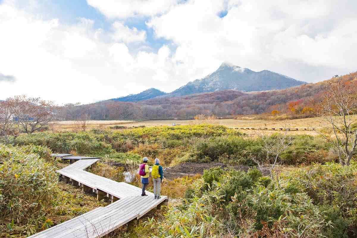Kagamiganaru in Japan - two people walking on a boardwalk in the woods.