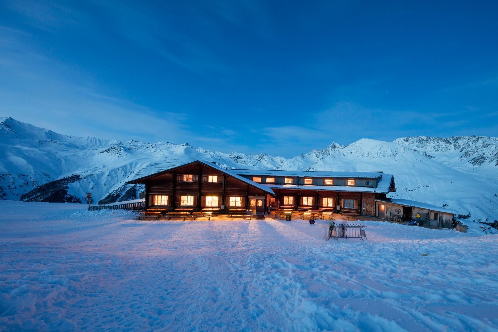 Maseben – Langtaufers in Italy - a house in the snow at night.