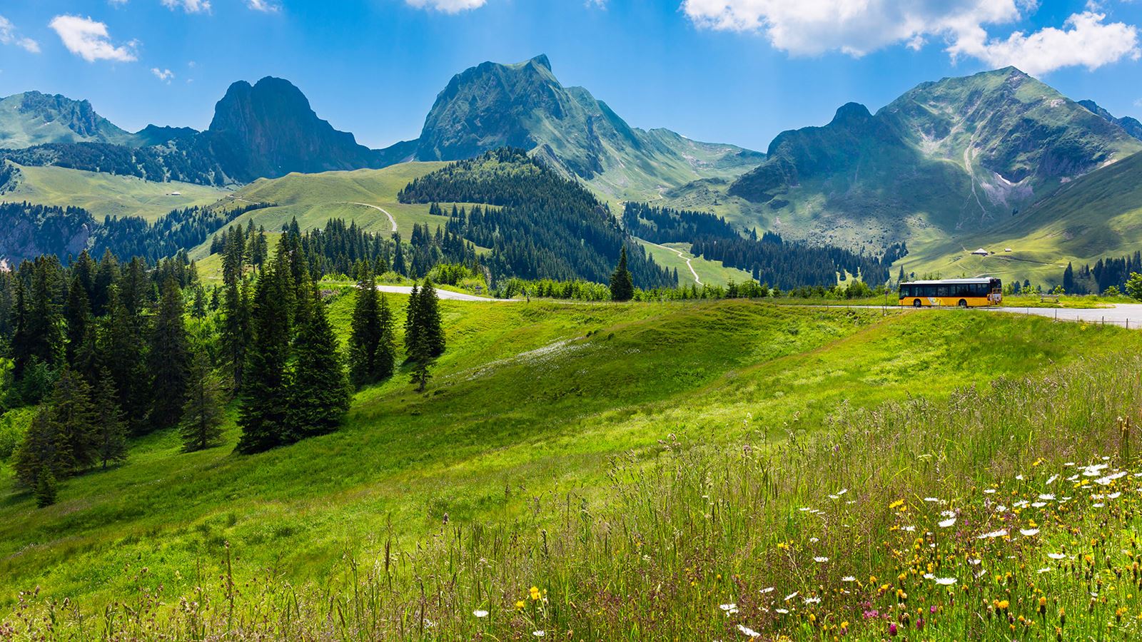Gantrisch Gurnigel in Switzerland - a train traveling through the mountains on a sunny day.