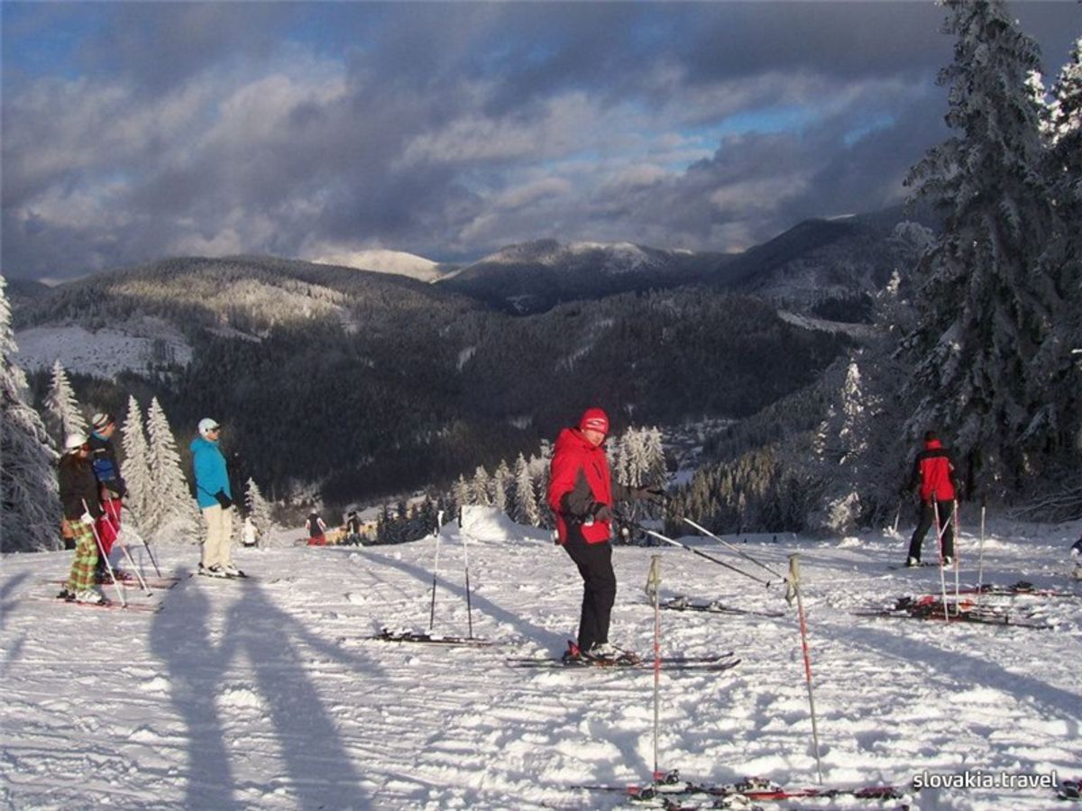 Gugel – Mlynky in Slovakia - a group of people skiing down a snow covered mountain.
