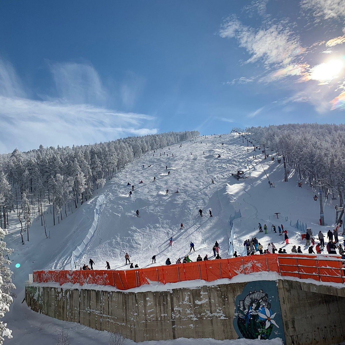 Divčibare in Serbia - a group of people skiing down a snowy hill.
