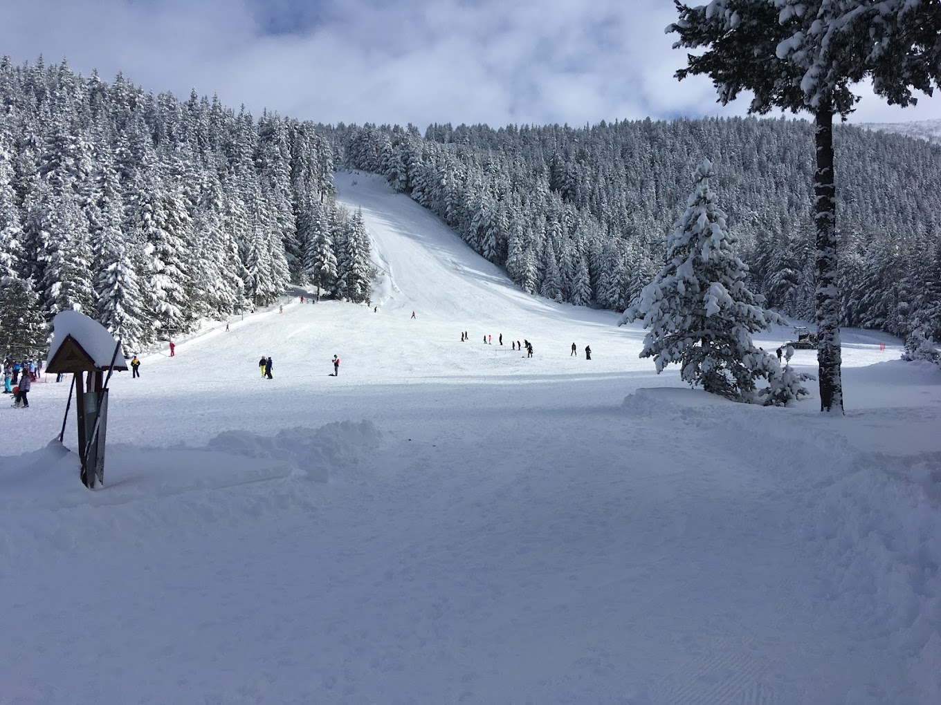 Malyovitsa in Bulgaria - a group of people skiing down a snowy slope.