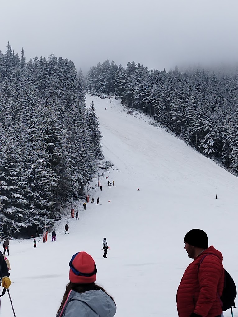 Malyovitsa in Bulgaria - a group of people skiing down a snowy slope.