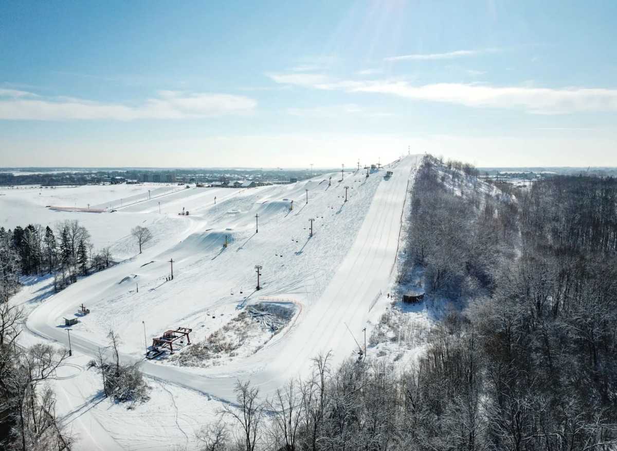 The Rock Snowpark in USA - a view from the top of a hill in winter.