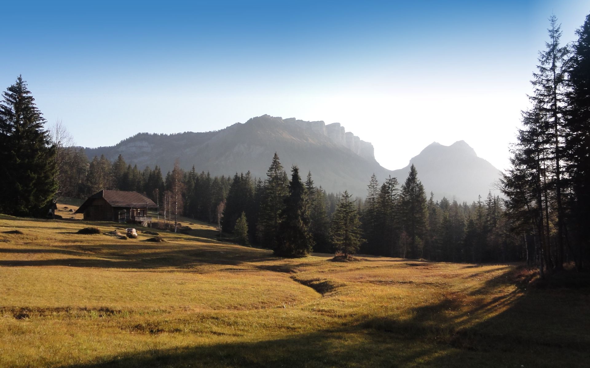 Eriz in Switzerland - a small cabin in the middle of a grassy field.