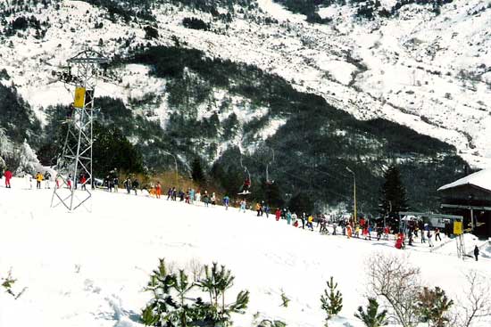 Karakoli in Greece - a group of people skiing down a snowy slope.