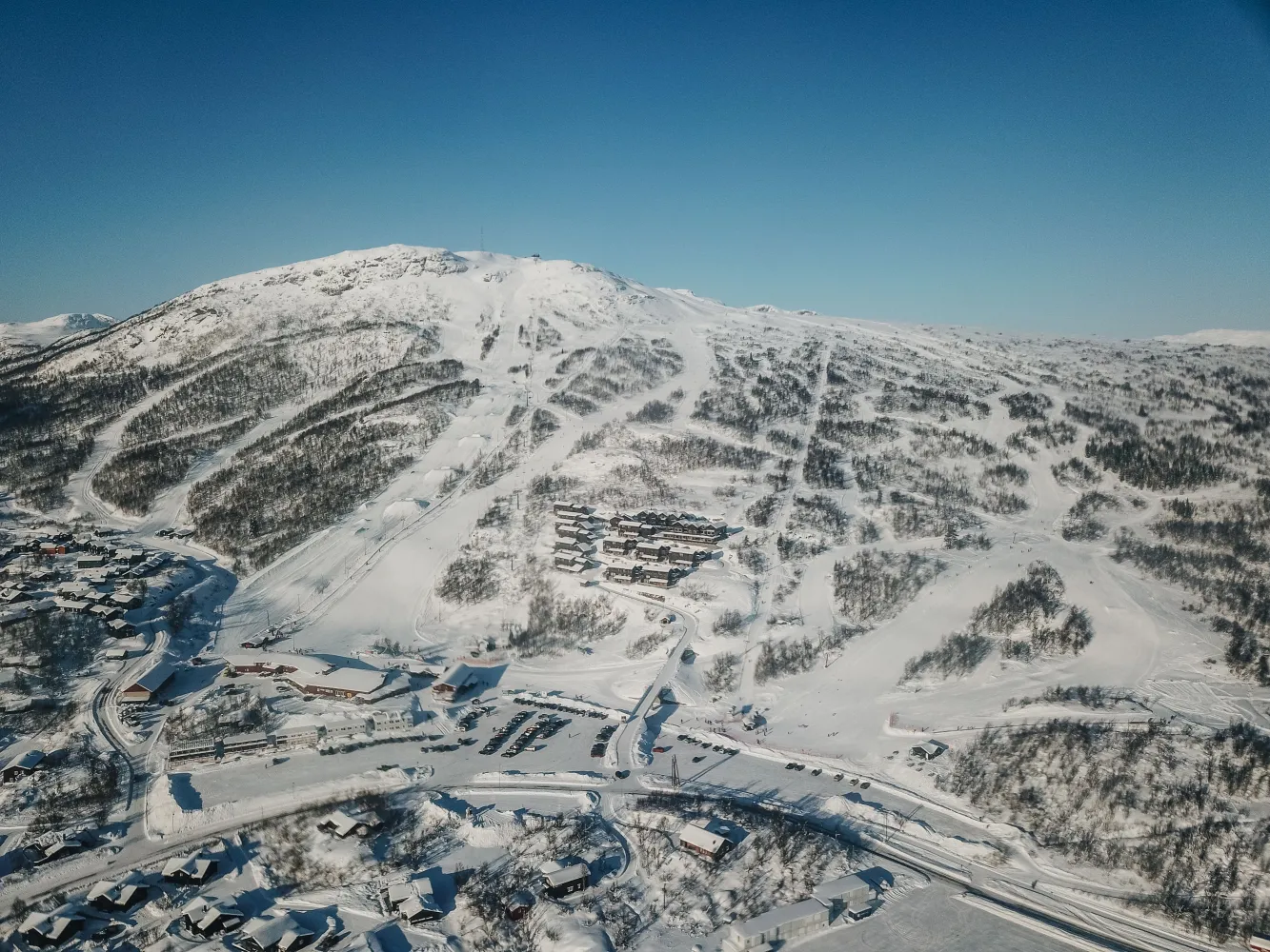 Hovden in Norway: an aerial view of a ski resort in the mountains.