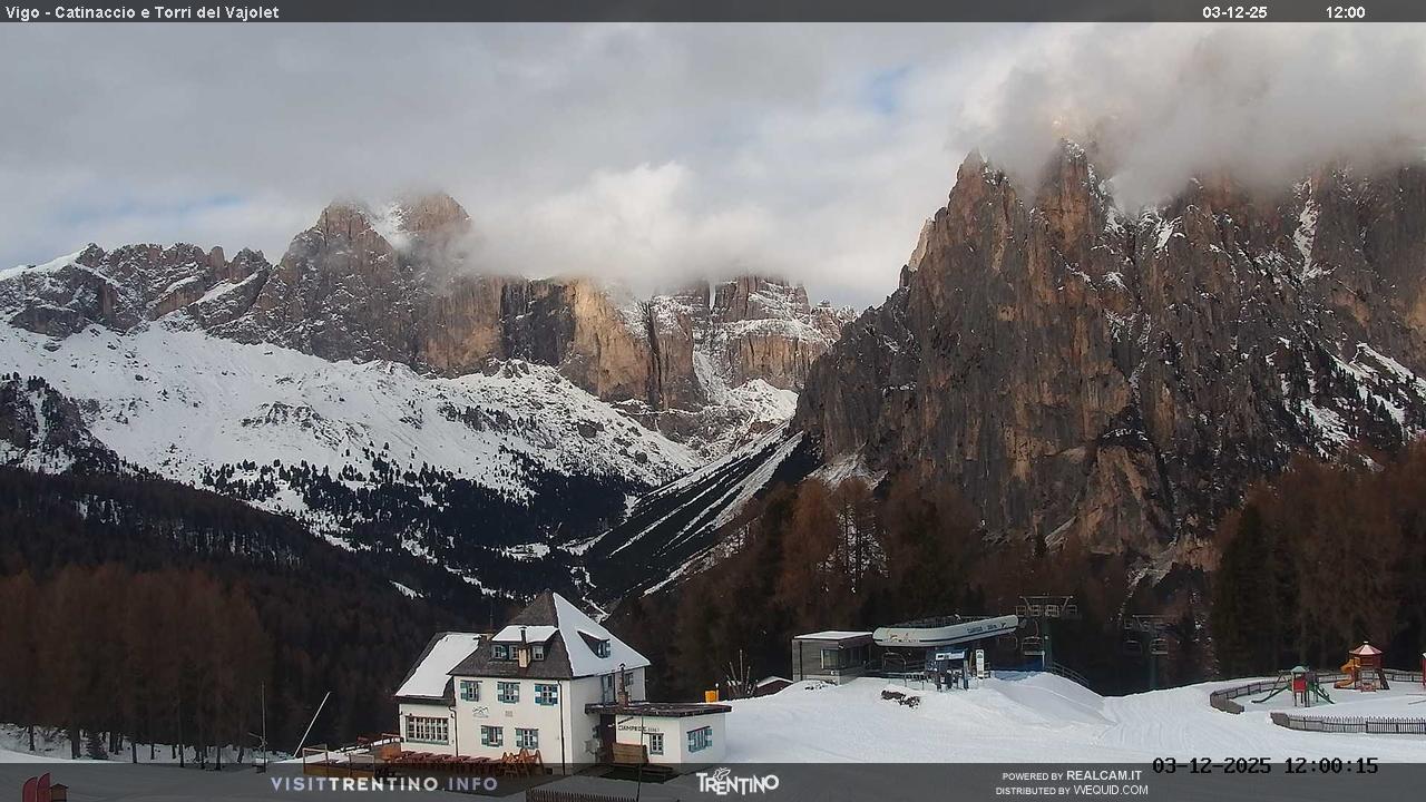Catinaccio Ciampedie in Italy - the mountains are covered in clouds and trees.
