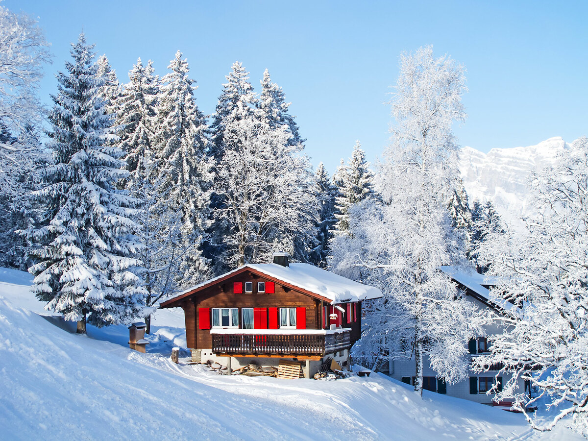 Madrisa in Switzerland - a cabin in the middle of a snowy forest.