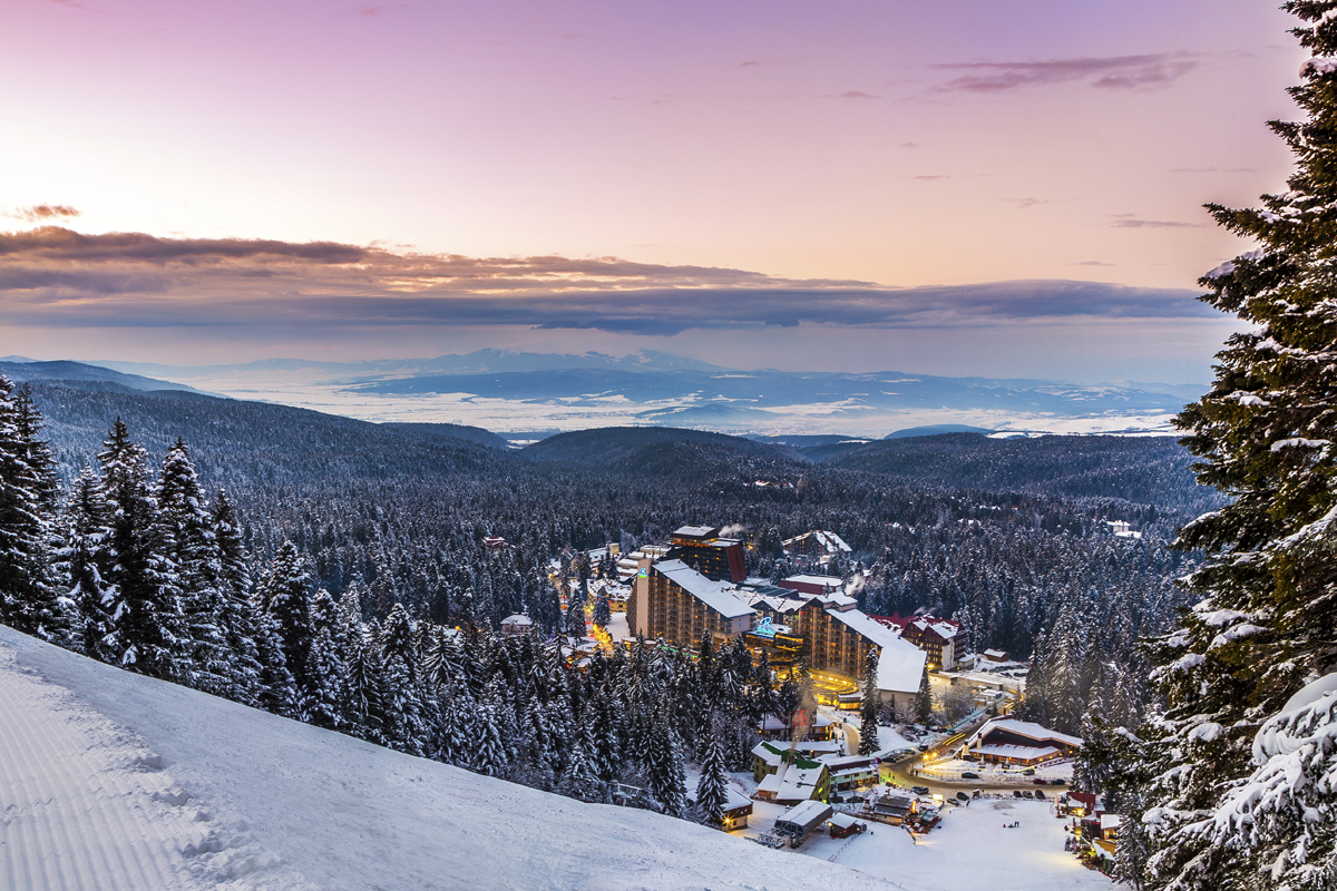 Borovets in Bulgaria: a view of a ski resort at dusk.