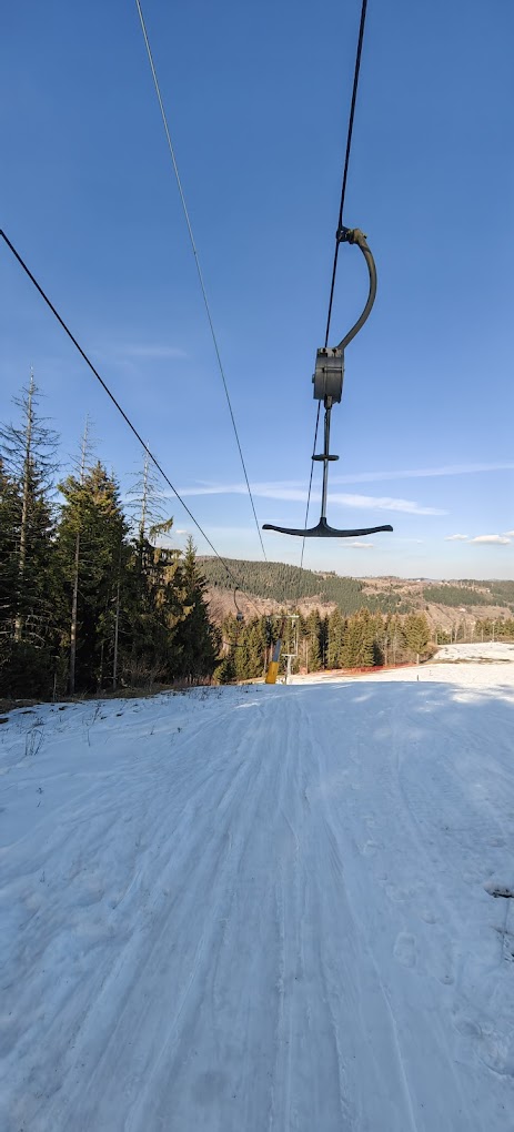 Briježđa in Serbia - a ski lift going down a snowy slope.