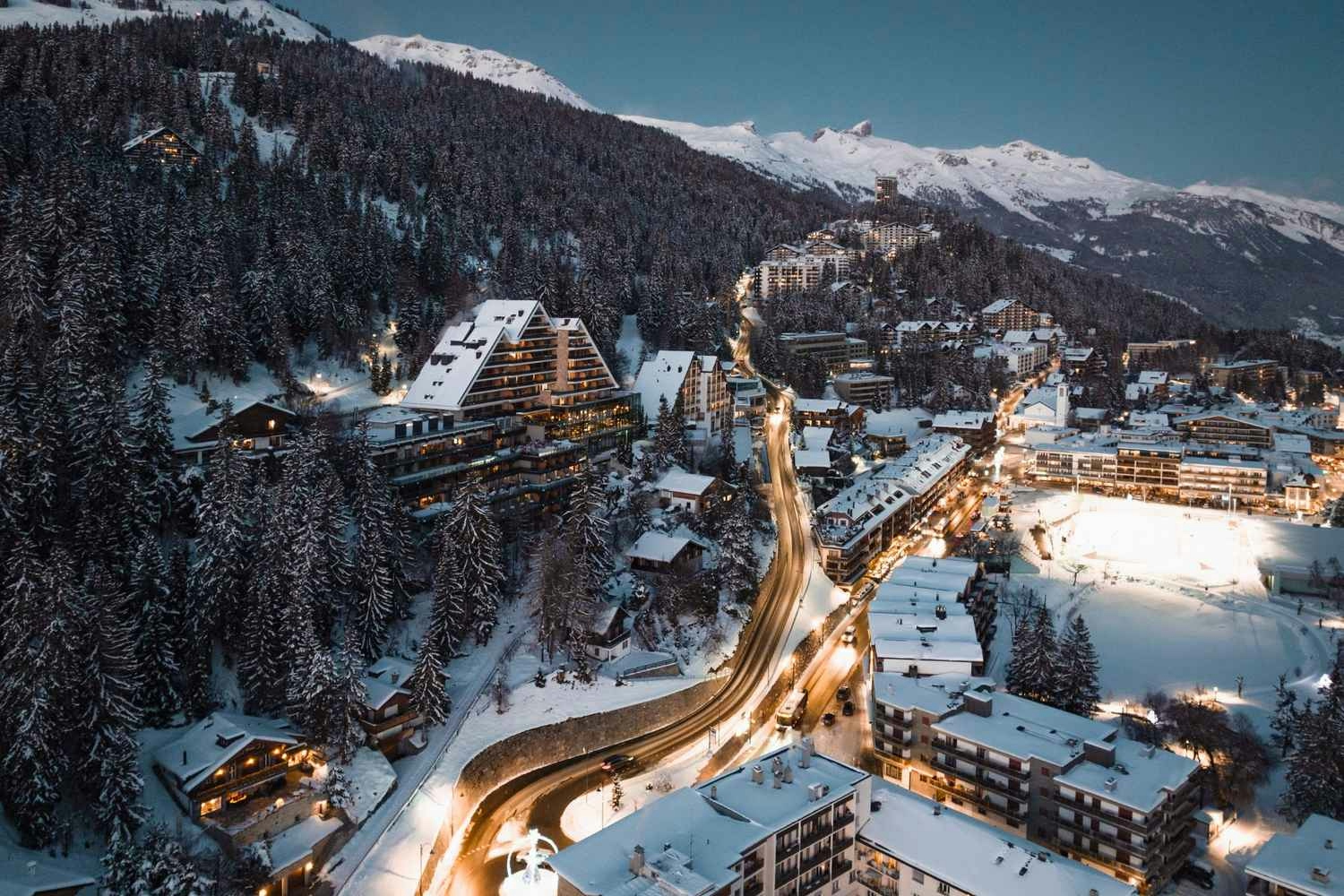 Crans Montana in Switzerland: a view of the ski resort at night.