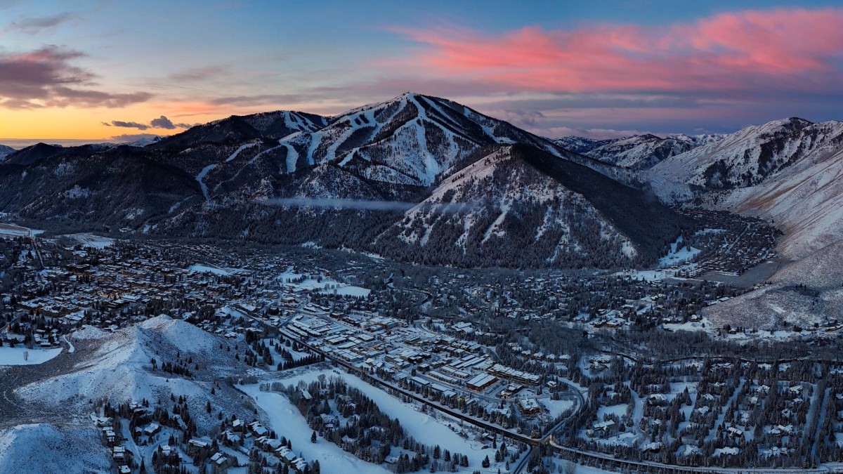 Bald Mountain – Sun Valley in USA - the town of crested, colorado at sunset.