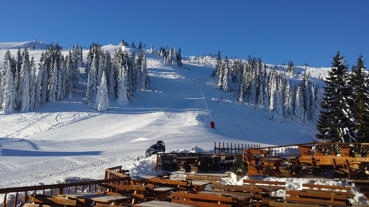Jahorina in Bosnia and Herzegovina - a snow covered ski slope with trees in the background.
