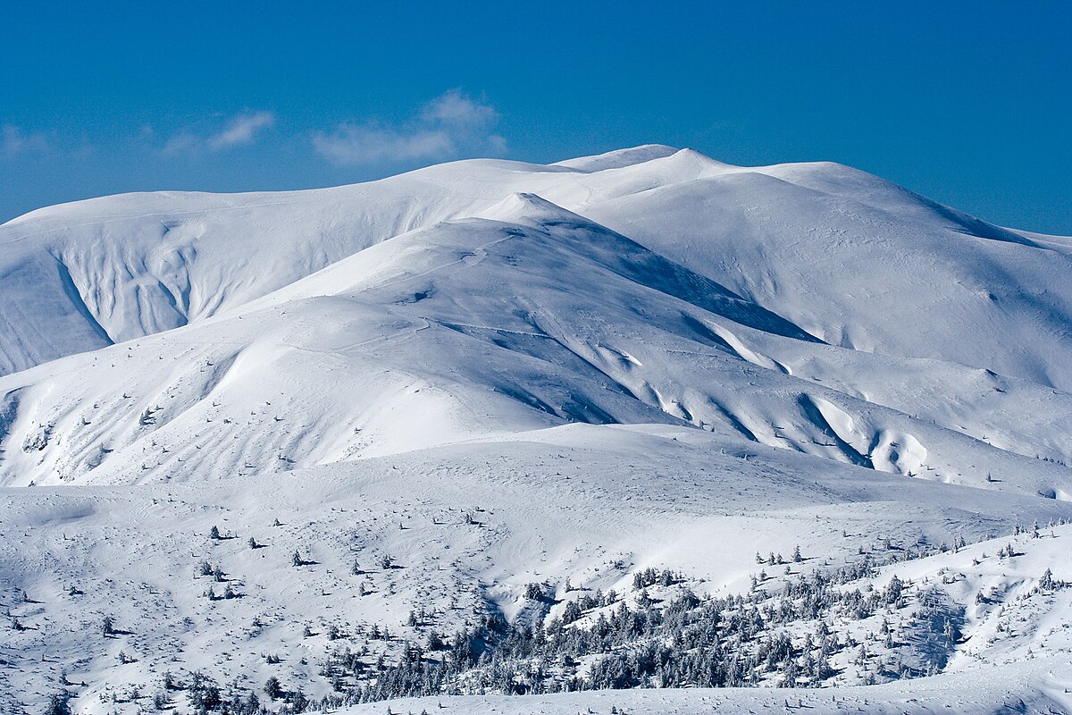 Ossogovo in Bulgaria - a snow covered mountain with trees in the fore.