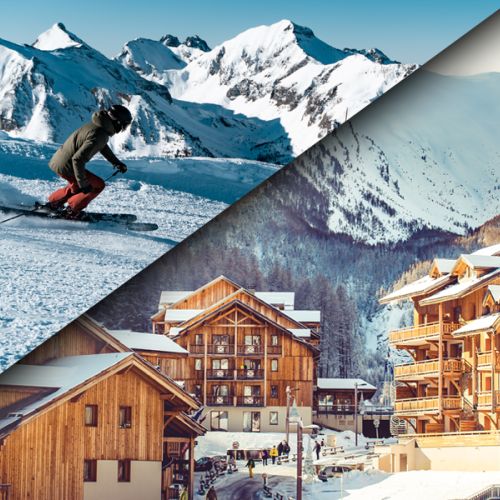 A lively winter scene at Les Orres ski resort in France showcasing a bustling sports centre a chalet in the backdrop and an active snowboarder enjoying the snowy slopes.