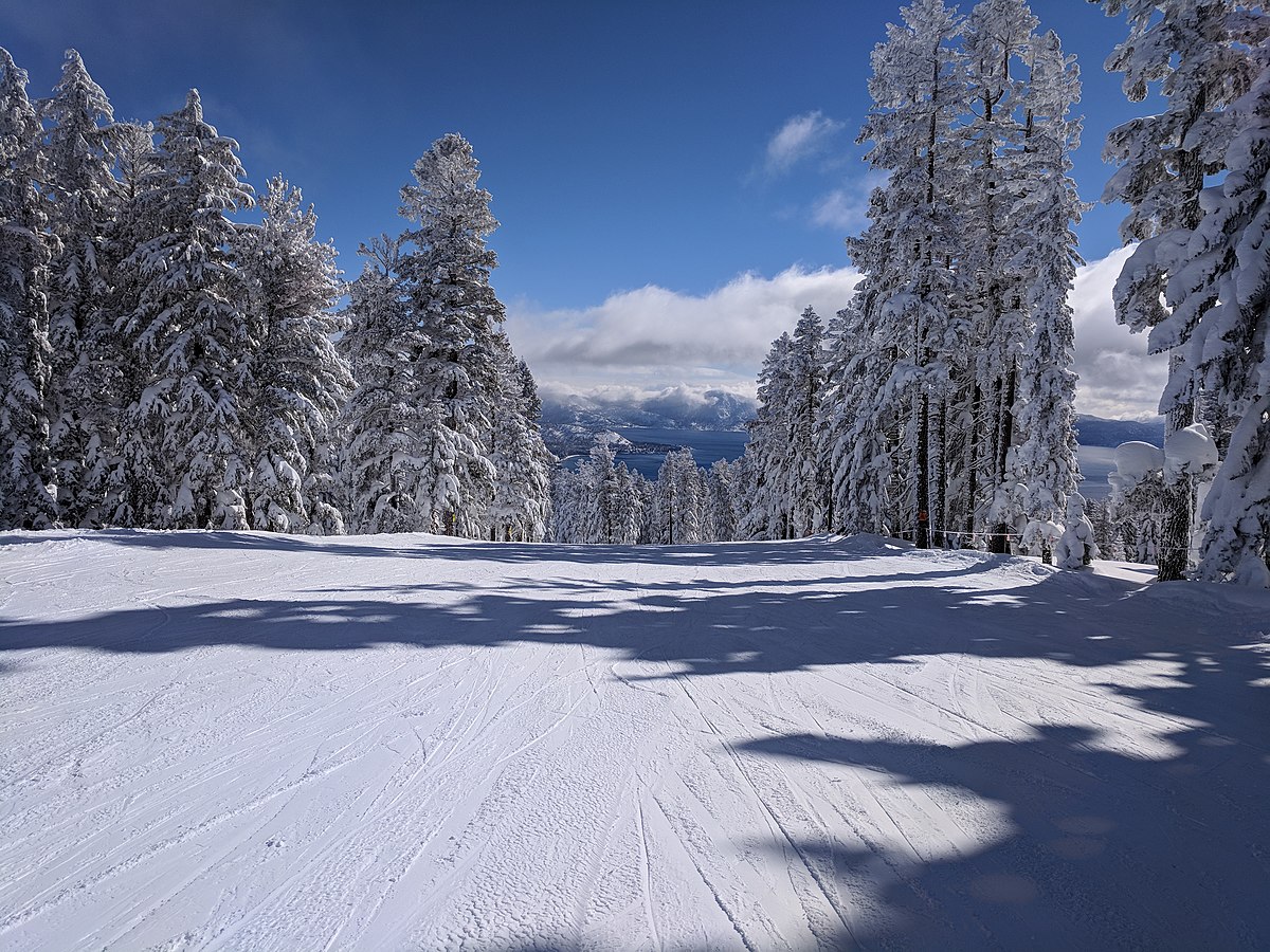 Northstar California Resort in USA - a snow covered ski slope with trees in the background.
