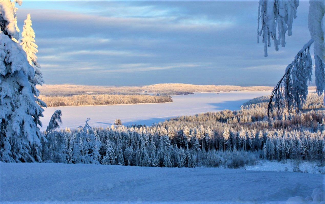 Taivalvaara in Finland - the view from the top of a snowy mountain.