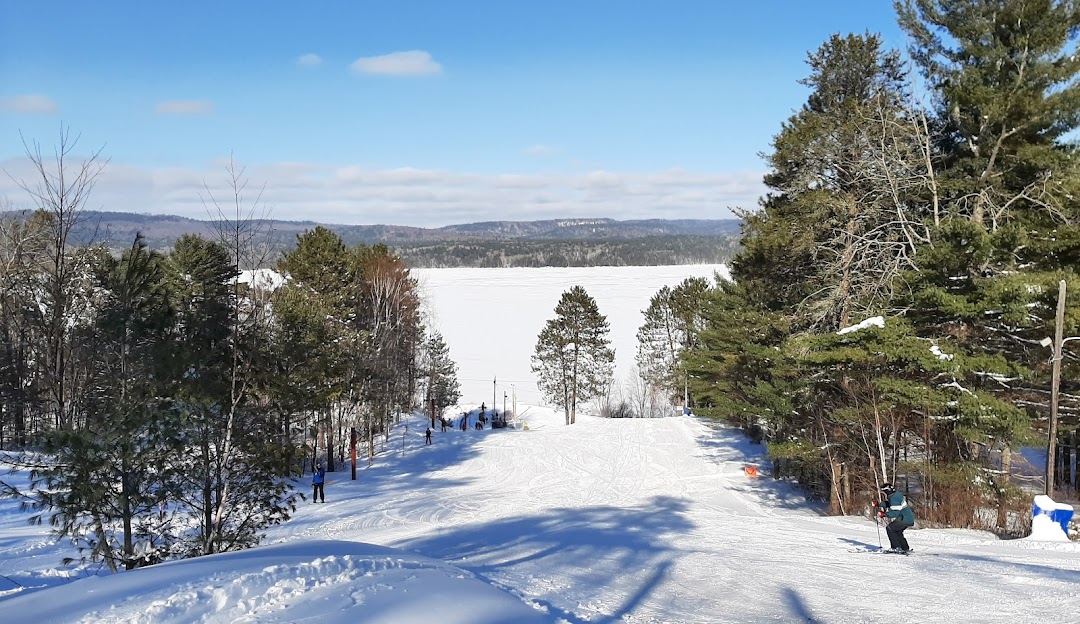 Skiers and snowboarders enjoying an exhilarating day at Mount Martin ski resort in Southern Ontario, Canada. The serene winter scenery showcases a snow-covered landscape with vast mountains and trees.
