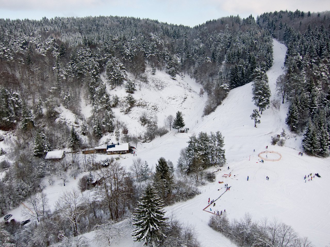 Antoni – Fridingen an der Donau in Germany: an aerial view of a ski resort in the mountains.
