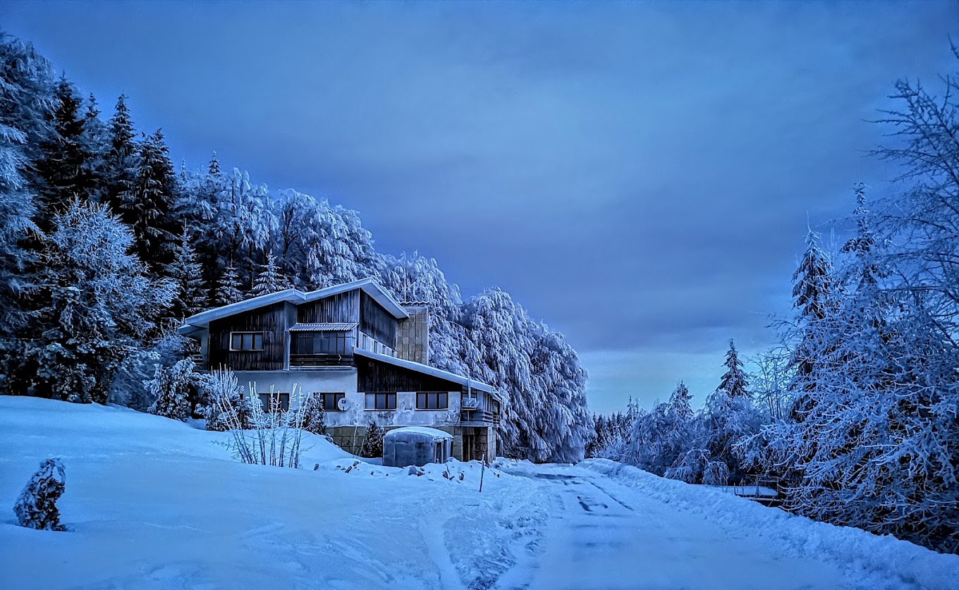 Uzana in Bulgaria - a house in the middle of a snowy forest.