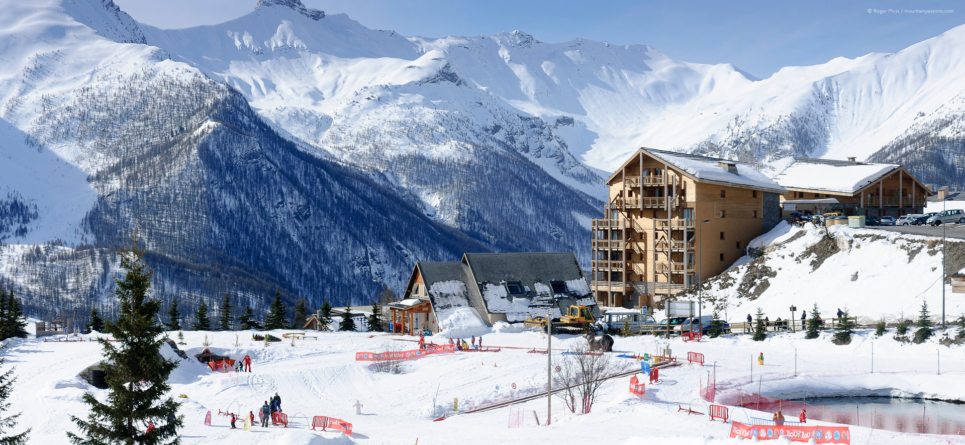 Orcières Merlette 1850 in France: a view of a ski resort in the mountains.