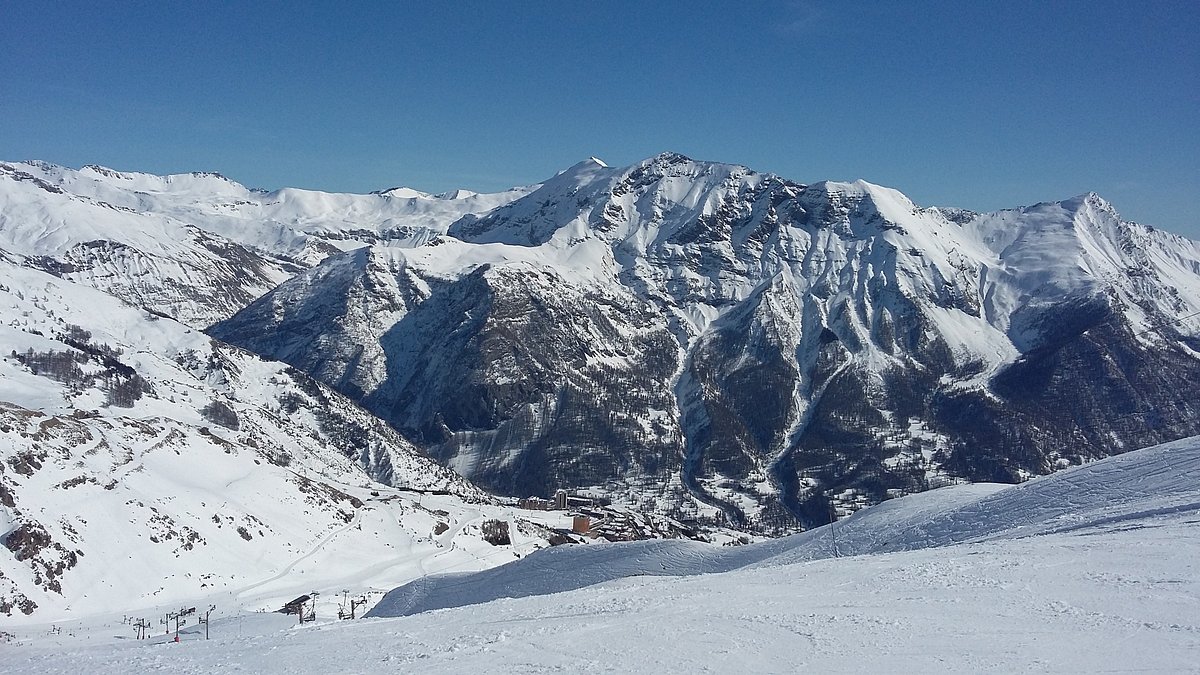 Orcières Merlette 1850 in France - a view from the top of a snowy mountain.