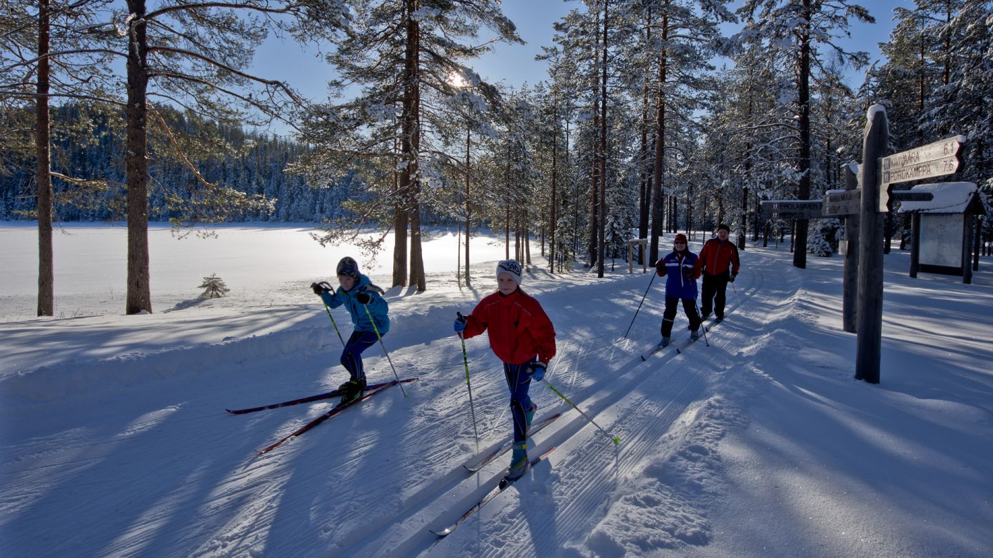 Aavasaksa in Finland - a group of people skiing down a snow covered trail.