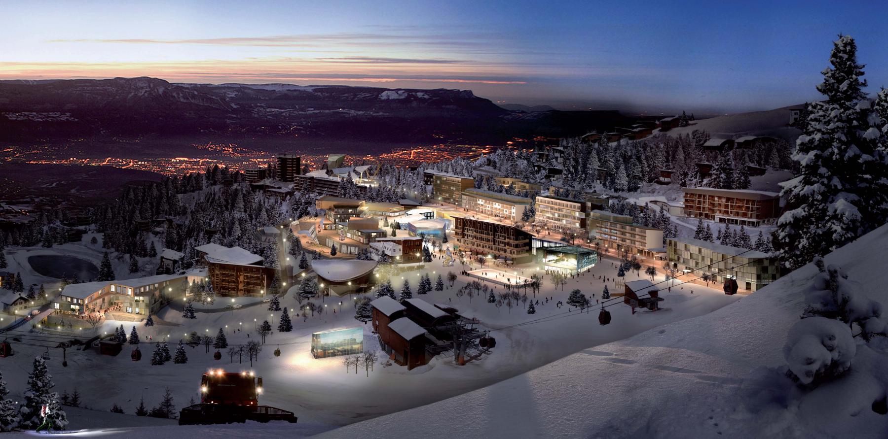 Chamrousse in France: a ski resort in the mountains at night.