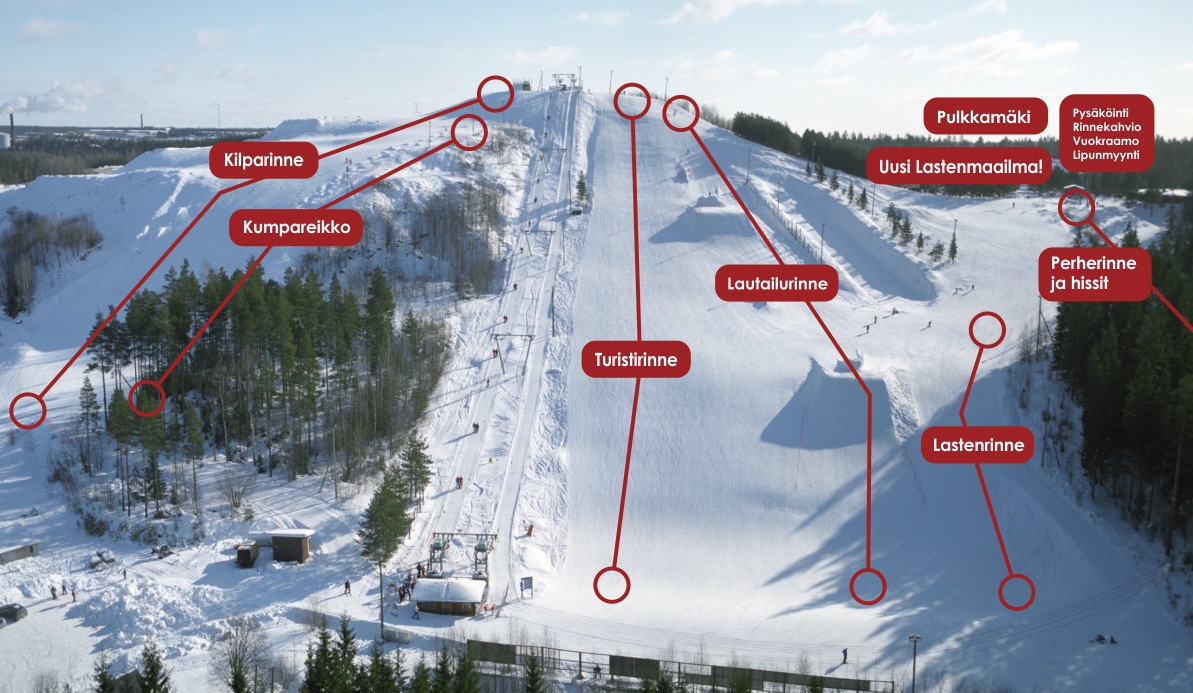 Sveitsin Hiihtokeskus – Hyvinkää in Finland - a ski slope with several ski tracks and trees.
