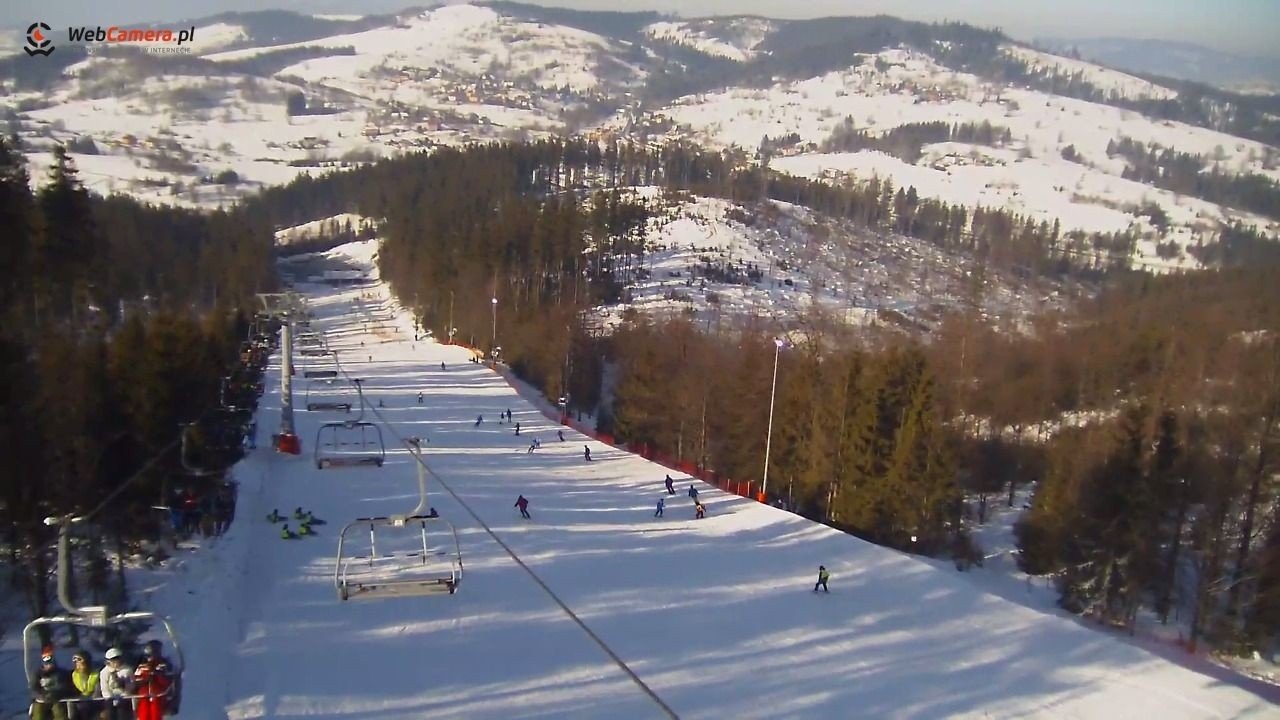 Szus – Koniaków in Poland - a ski slope with people skiing down it.