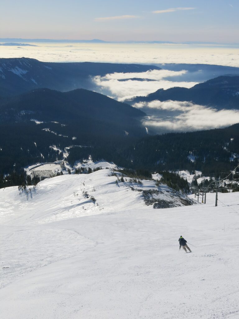 Mt Hood Meadows in USA - a person skiing down a snow covered mountain.