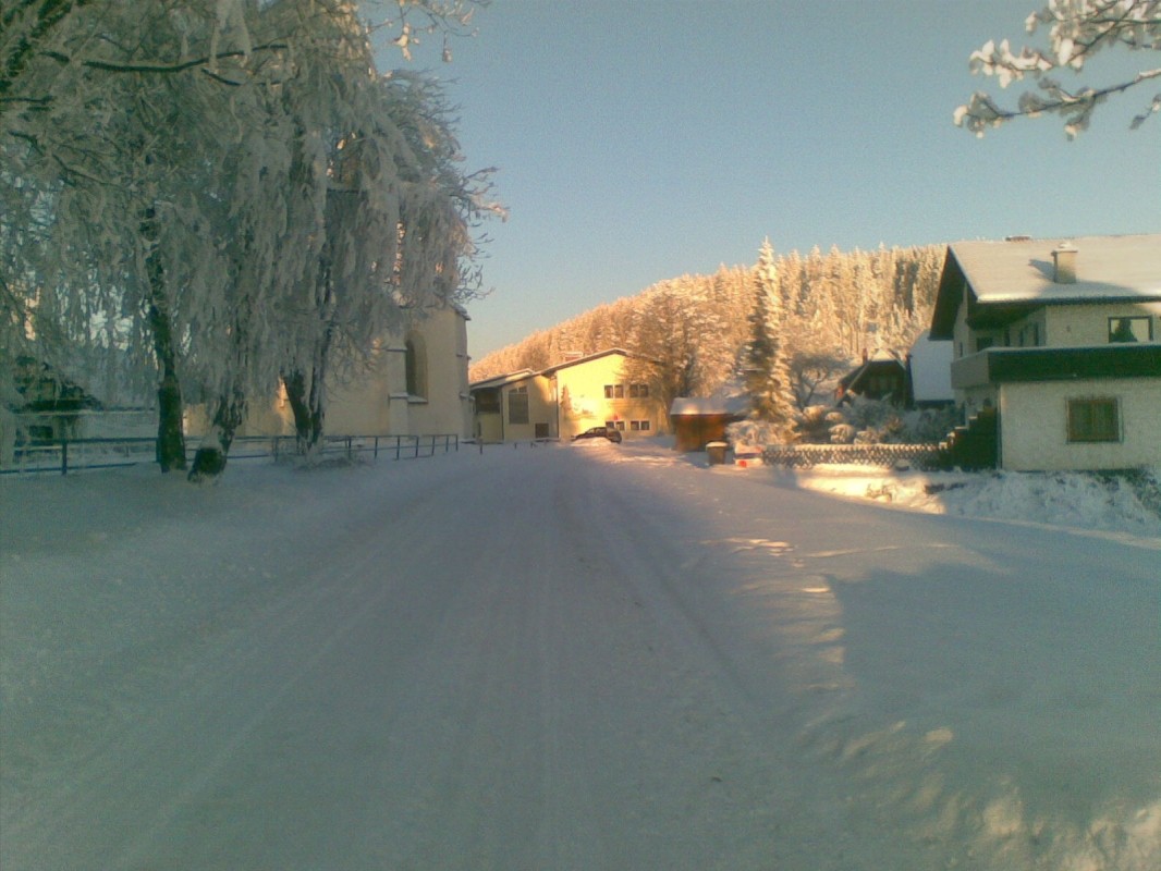 St Hemma – Edelschrott in Austria - a street with snow covered trees and houses.