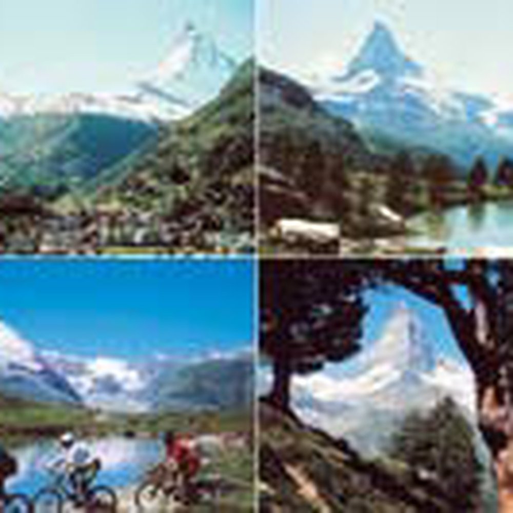 Heiti – Gsteig bei Gstaad in Switzerland - a col of four pictures of a mountain range.
