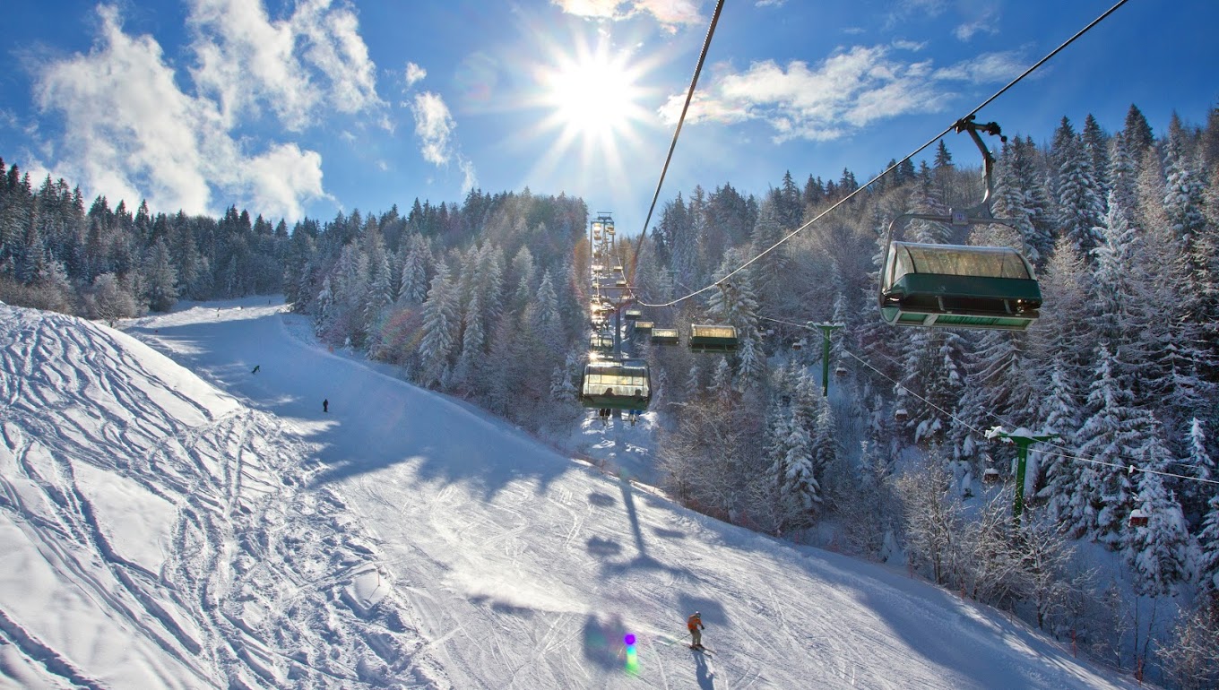 Brunni – Alpthal in Switzerland - a ski lift going down a snowy slope.