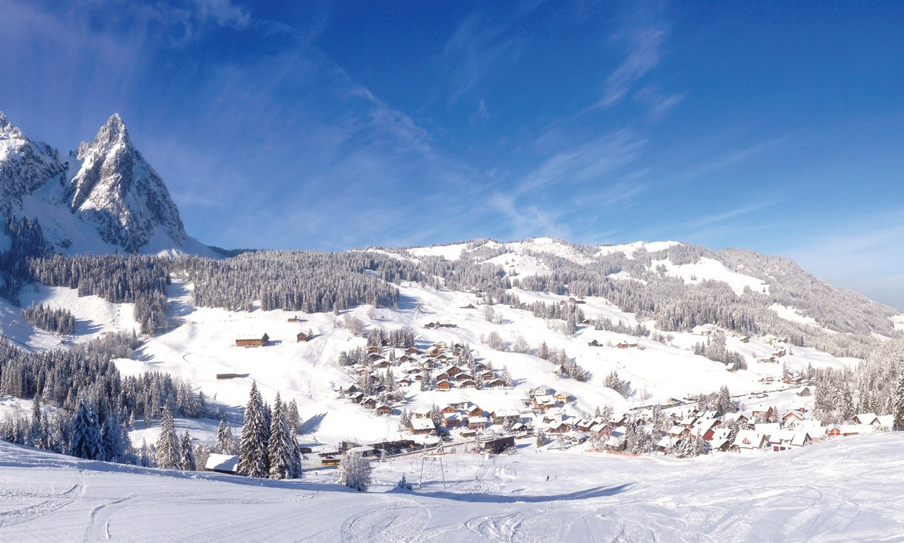 Brunni – Alpthal in Switzerland: a view of a ski resort in the mountains.