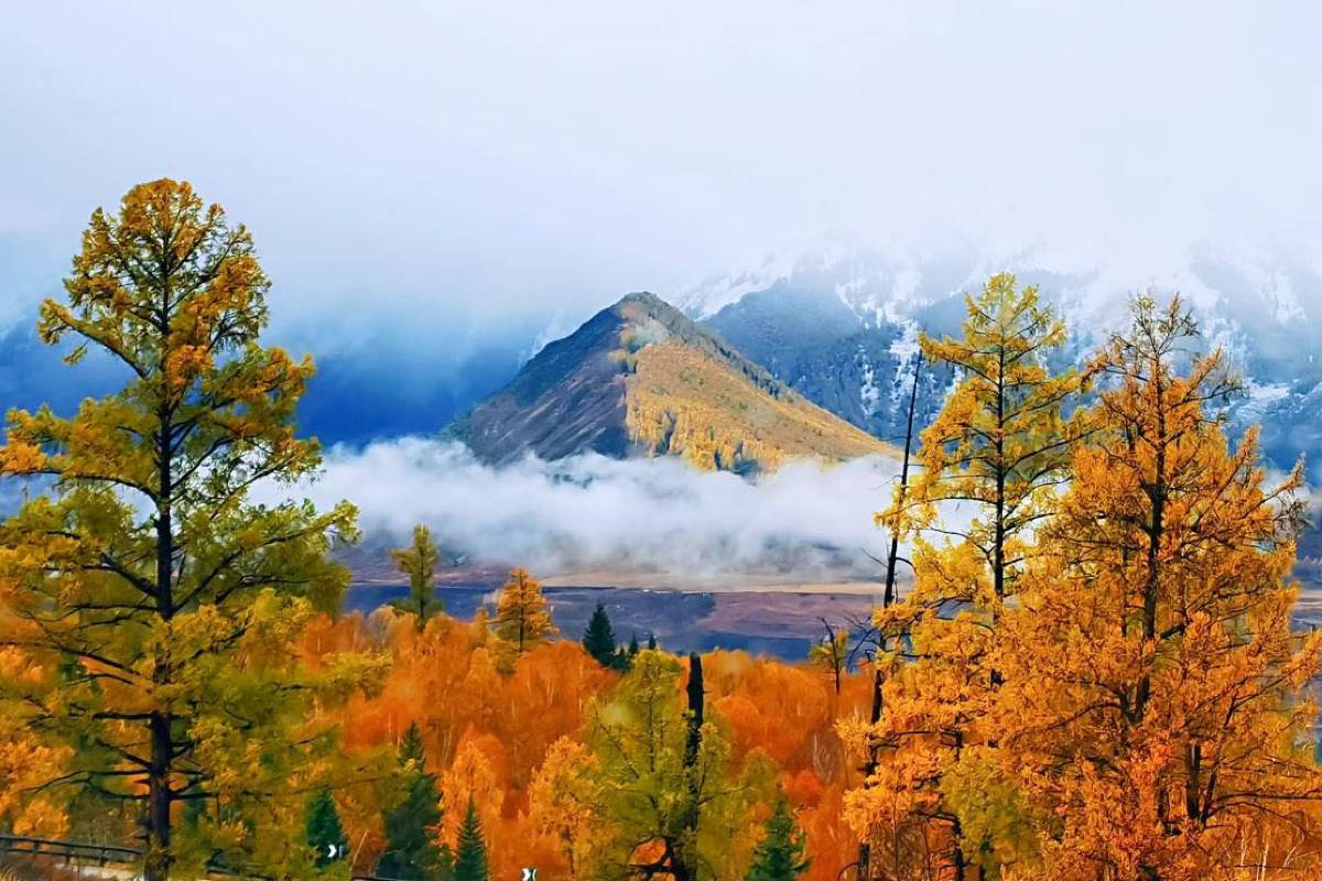 View of a stunning winter scenery in Xinjiang, China, featuring a towering, snow-covered mountain under a clear sky, suggesting the presence of a nearby ski resort.