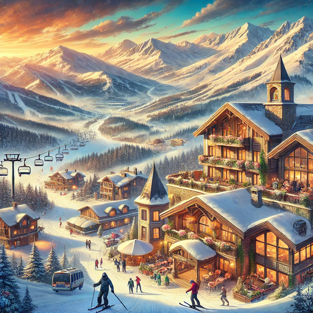 Elmadağ in Turkey: a painting of a ski resort in the mountains.