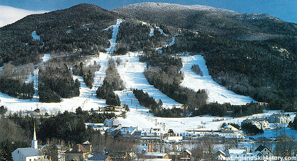 View of Ascutney Mountain in Vermont featuring a ski resort with a winter sports scene snow-covered slopes and a ski lift indicative of a winter sports center.
