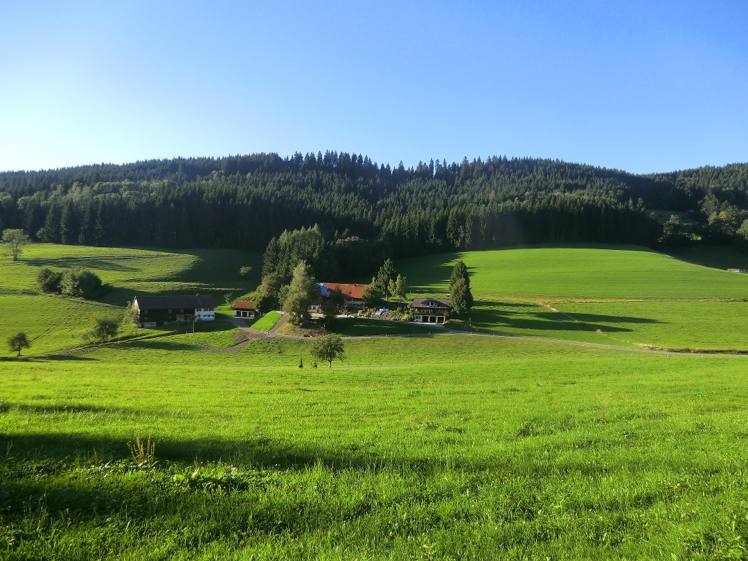 Oberberg – Weiler-Simmerberg in Germany - a green field with a small house in the distance.