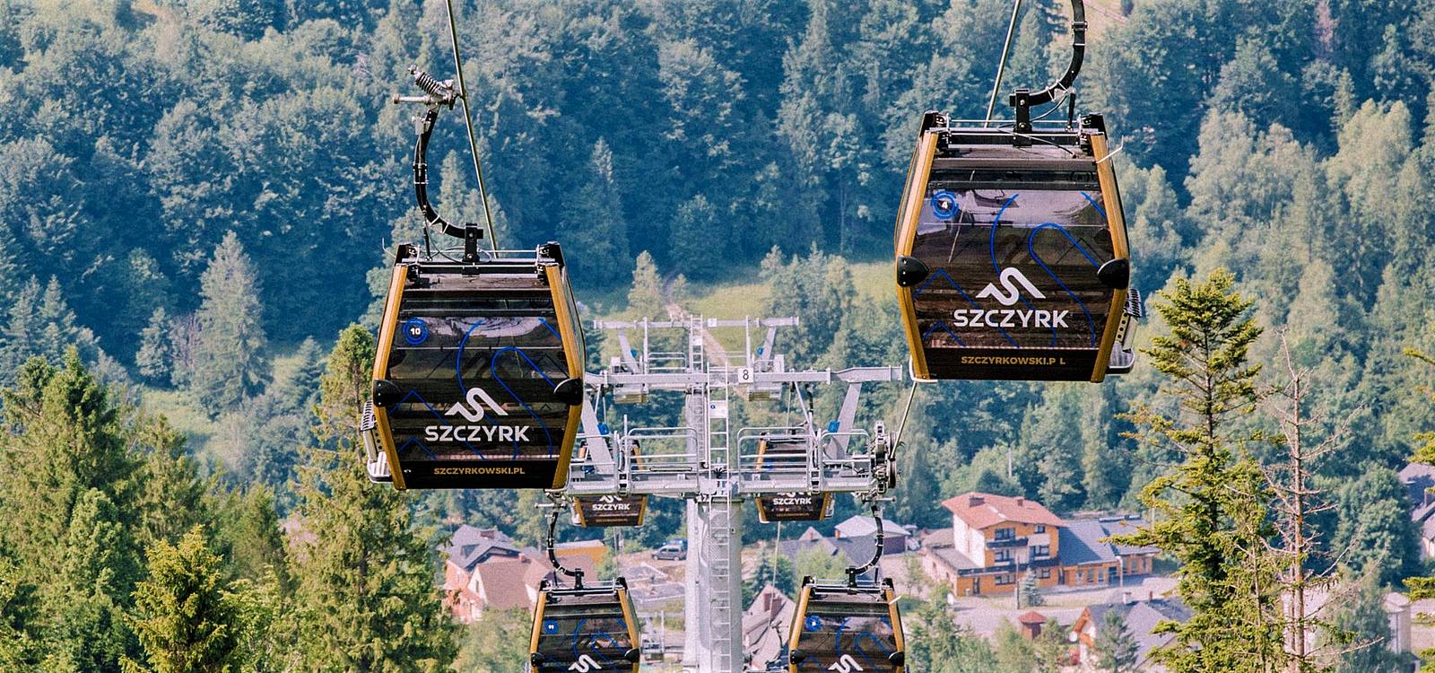 Szczyrk Mountain Resort Solisko - koleje kanapowe in Poland - two gondos with trees in the background.